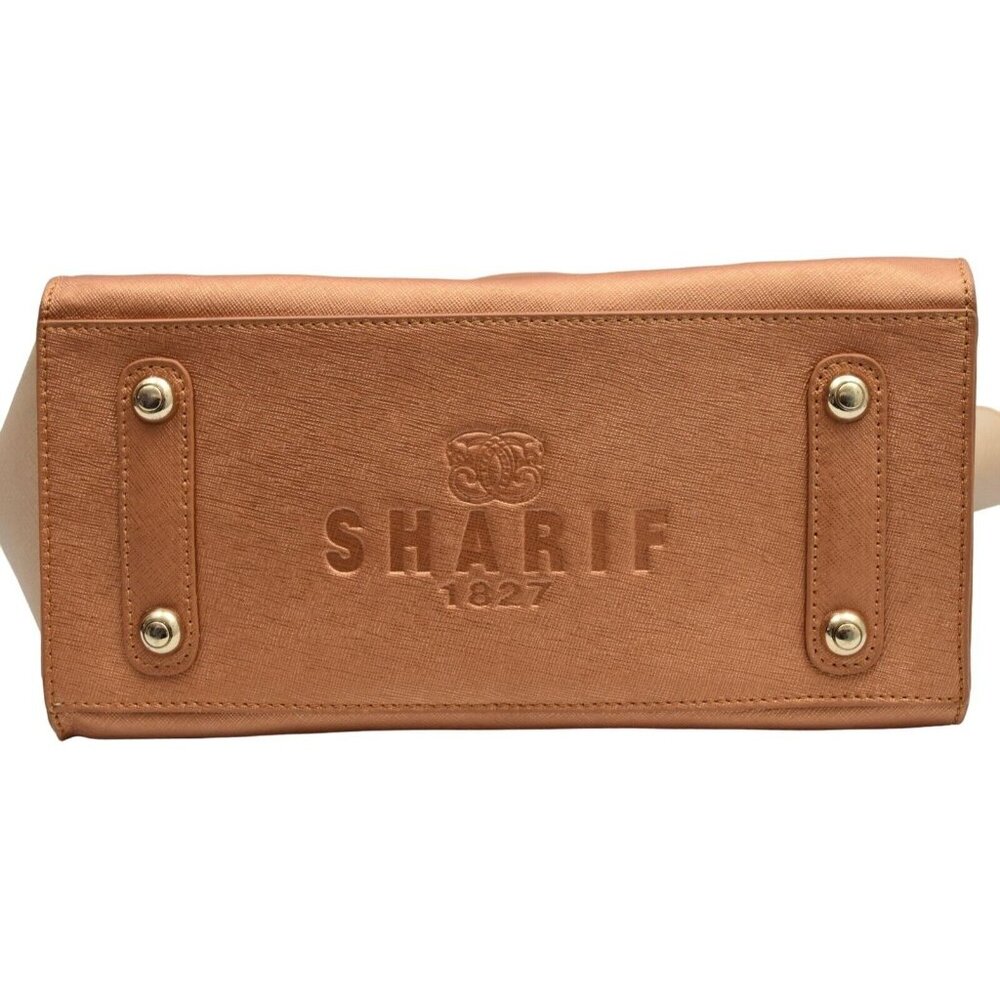 Sharif Handbag Satchel Peach Beige Leather Gold Studded Trapezoid Top Handle Bag - Picture 5 of 12
